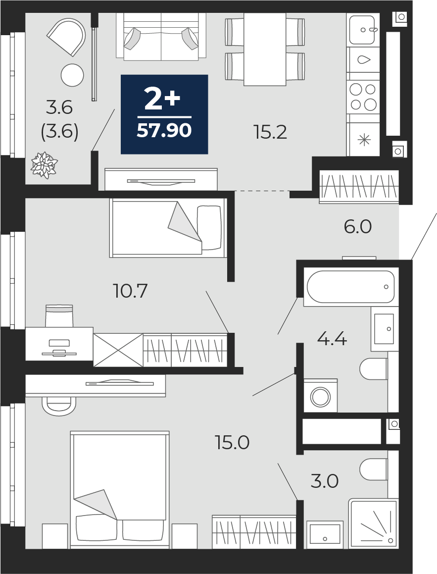 Планировка: Евротрешка 57.9 м² в ЖК Мириады, Мыс