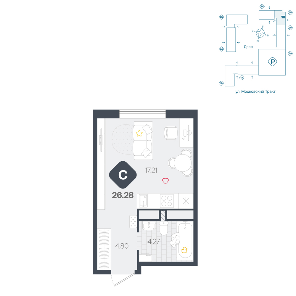 Планировка: Студия 26.3 м² в ЖК Сибирский, Московский тракт