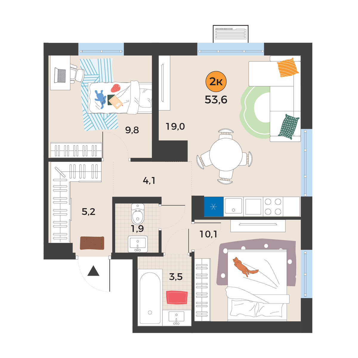 Планировка: Евротрешка 53.6 м² в ЖК Корней, Южный