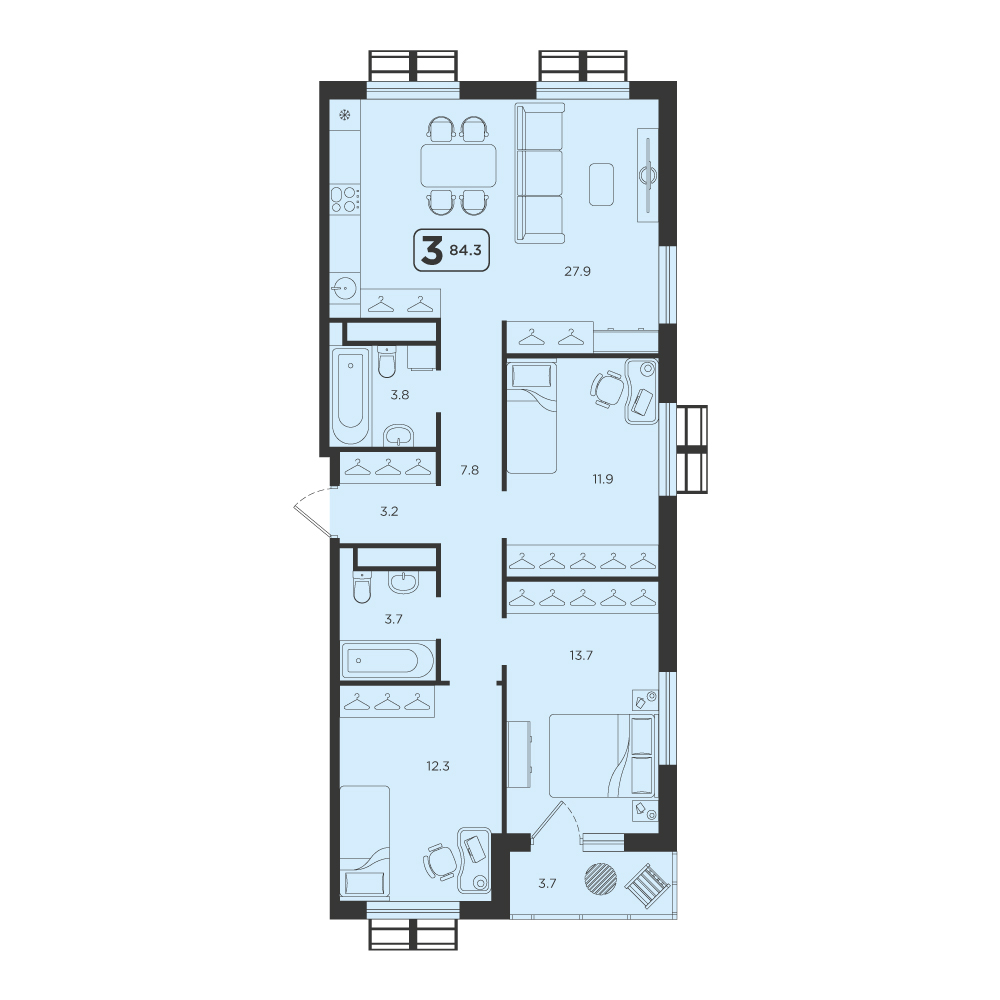Планировка: 4-комнатная евро 84.3 м² в ЖК Симфония, Центр: Студгородок