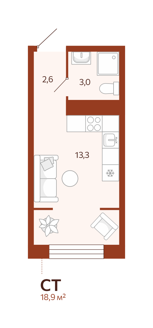 Планировка: Студия 18.9 м² в ЖК Новатор, Центр: КПД