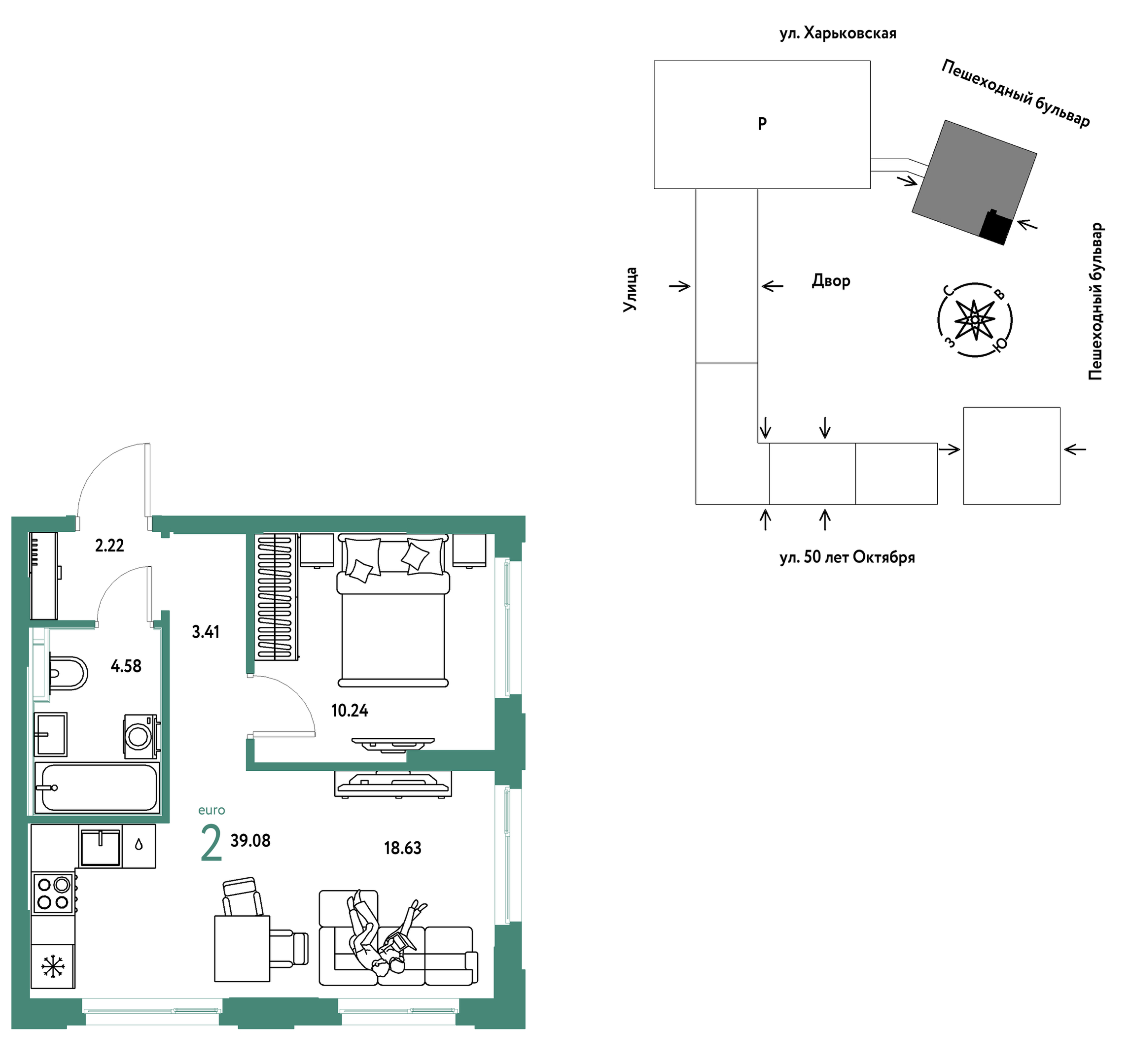Планировка: Евродвушка 39.1 м² в ЖК Сердце Сибири, Центр: КПД