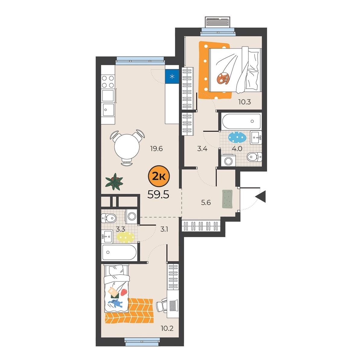 Планировка: Евротрешка 59.5 м² в ЖК Корней, Южный