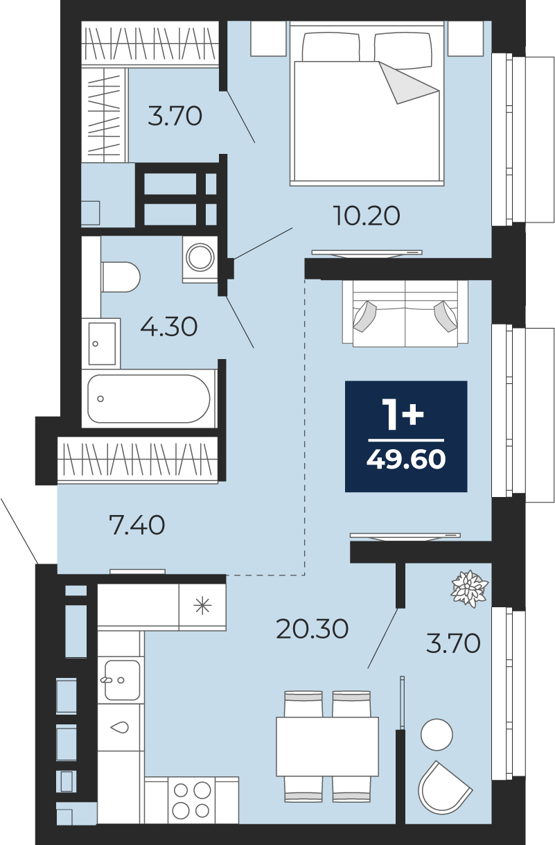 Планировка: Евродвушка 45.9 м² в ЖК Айвазовский, 5-й Заречный