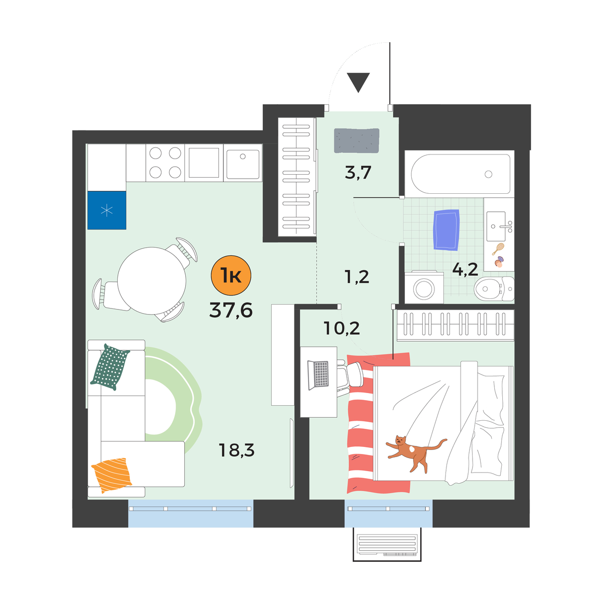 Планировка: Евродвушка 37.6 м² в ЖК Корней, Южный