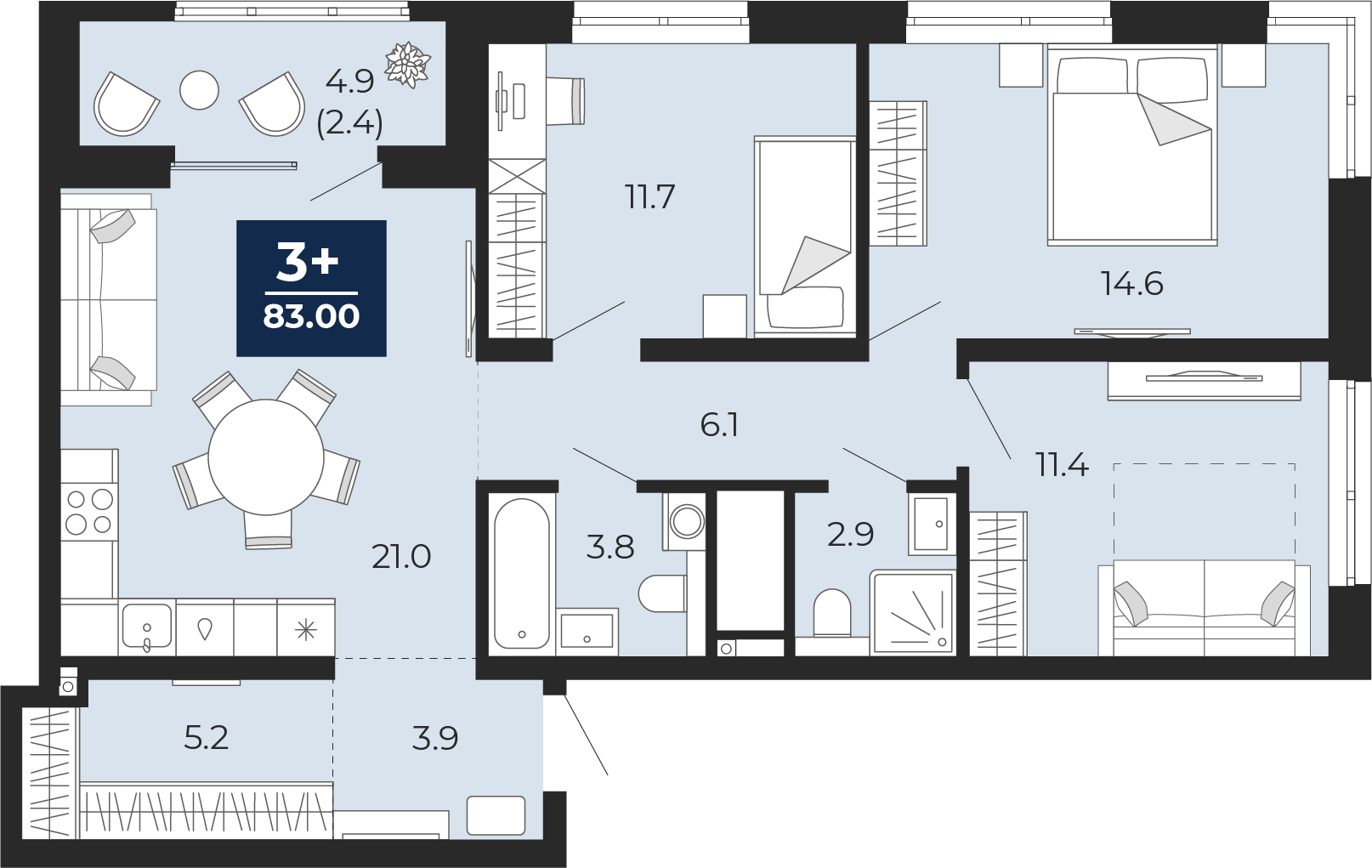 Планировка: 4-комнатная евро 80.6 м² в ЖК Мириады, Мыс