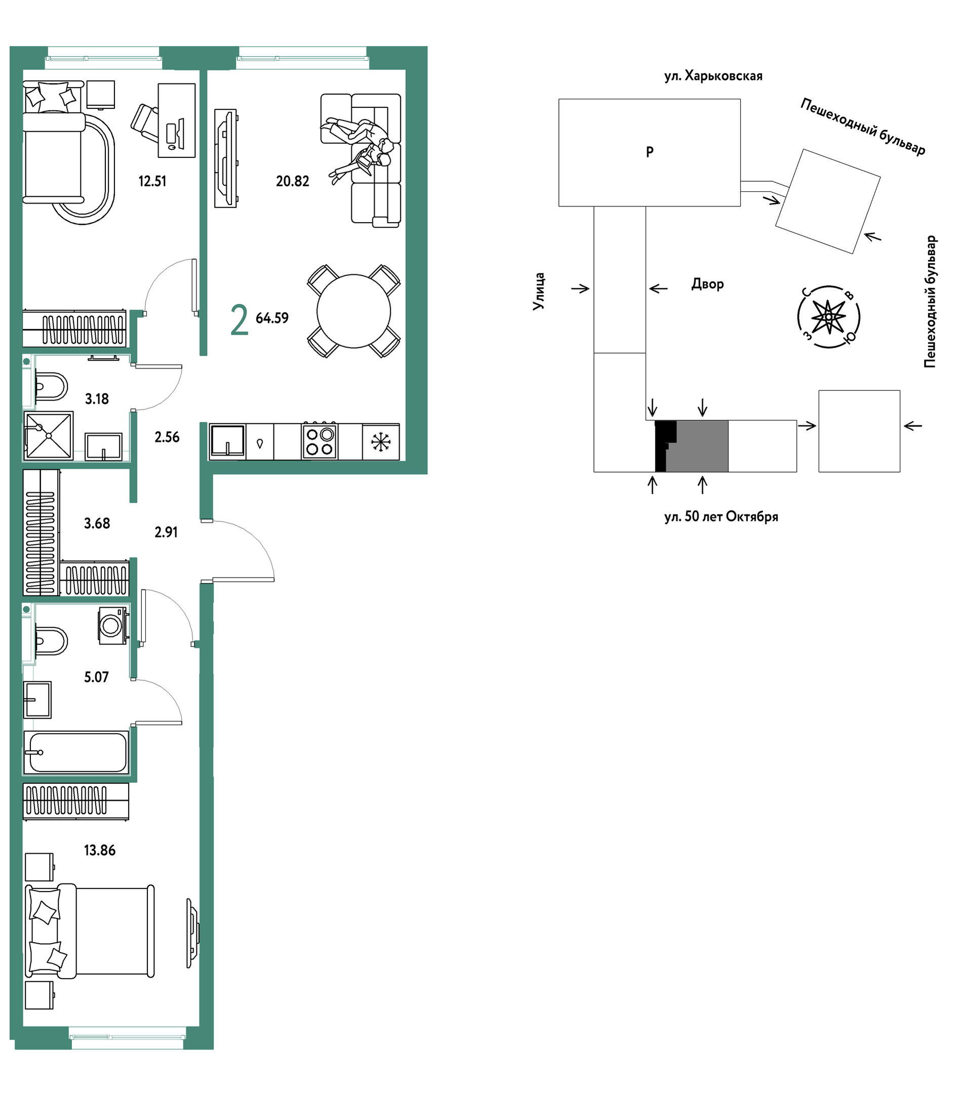 Планировка: Евротрешка 64.6 м² в ЖК Сердце Сибири, Центр: КПД