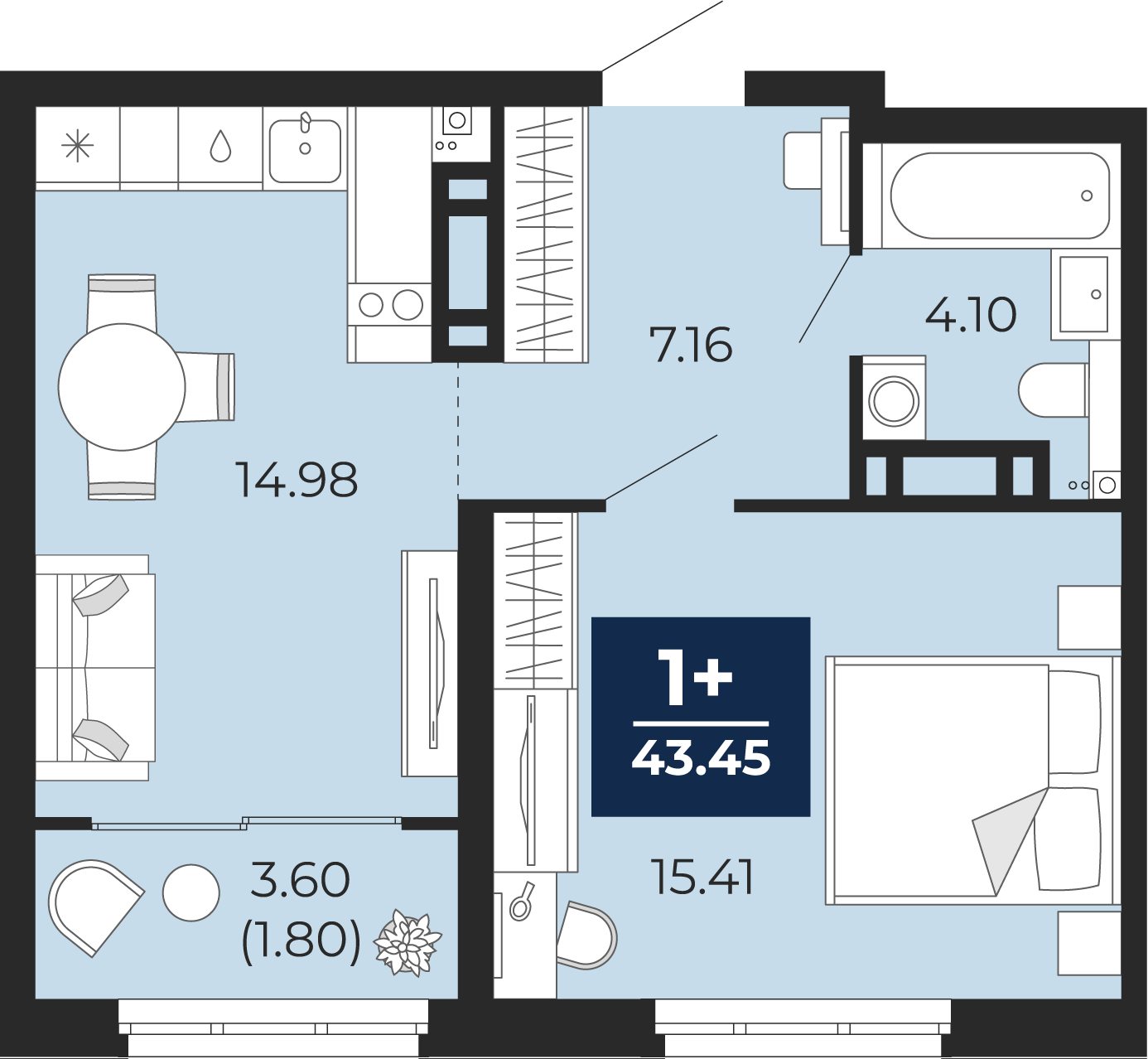Планировка: Евродвушка 41.6 м² в ЖК Прео, Тюменская слобода
