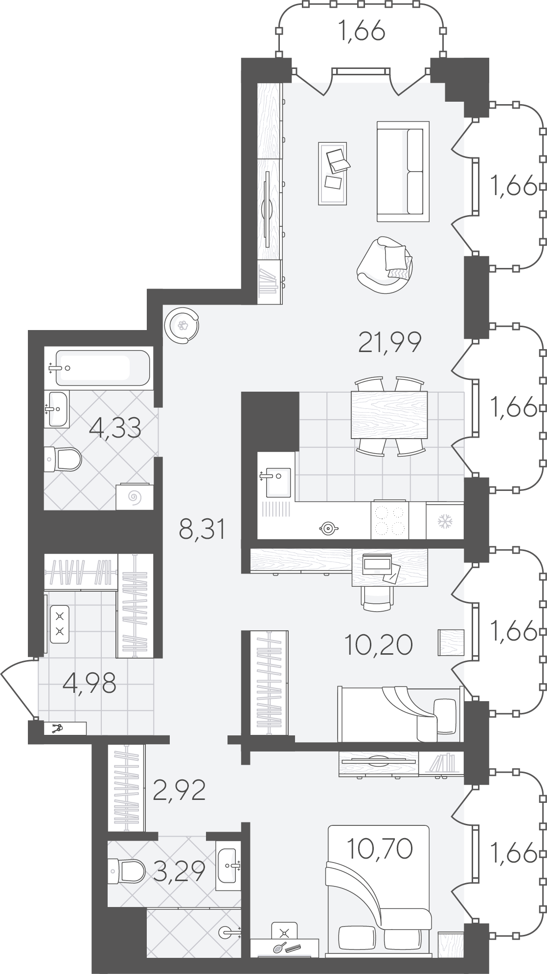 Планировка: Евротрешка 75 м² в ЖК Скандиа. Квартал в Слободе, Тюменская слобода