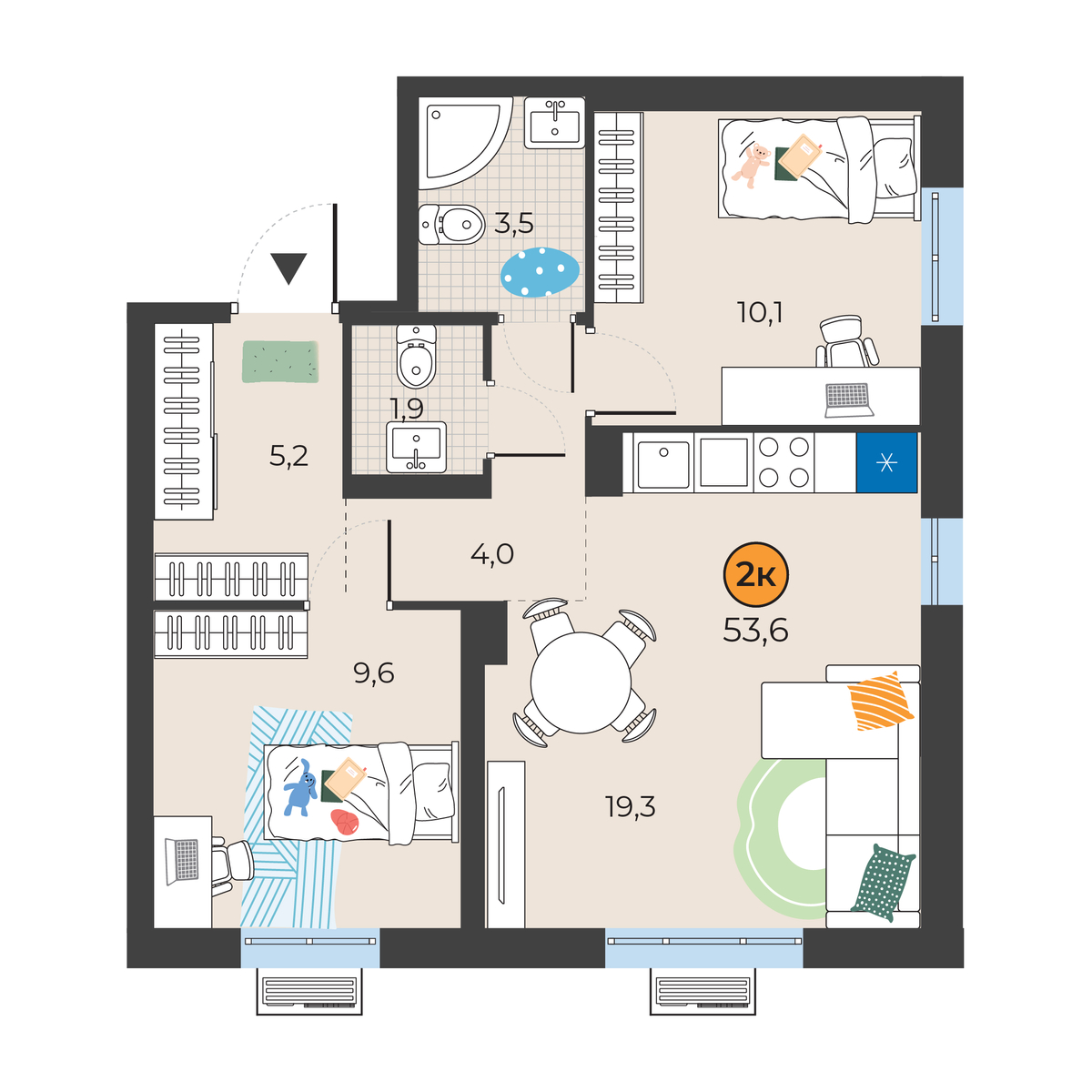 Планировка: Евротрешка 53.6 м² в ЖК Корней, Южный