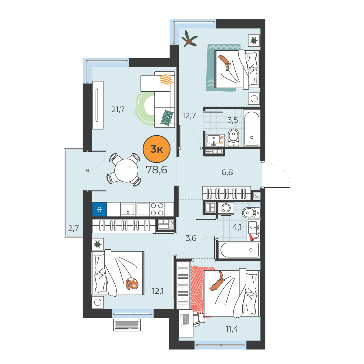 Планировка: 4-комнатная евро 75.9 м² в ЖК Корней, Южный