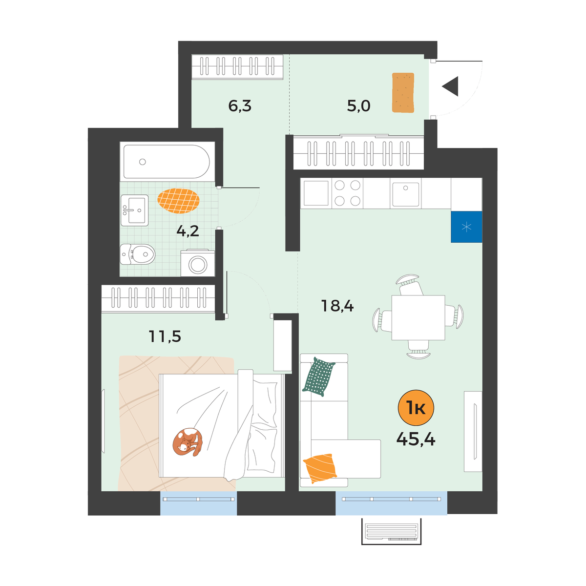 Планировка: Евродвушка 45.4 м² в ЖК Корней, Южный