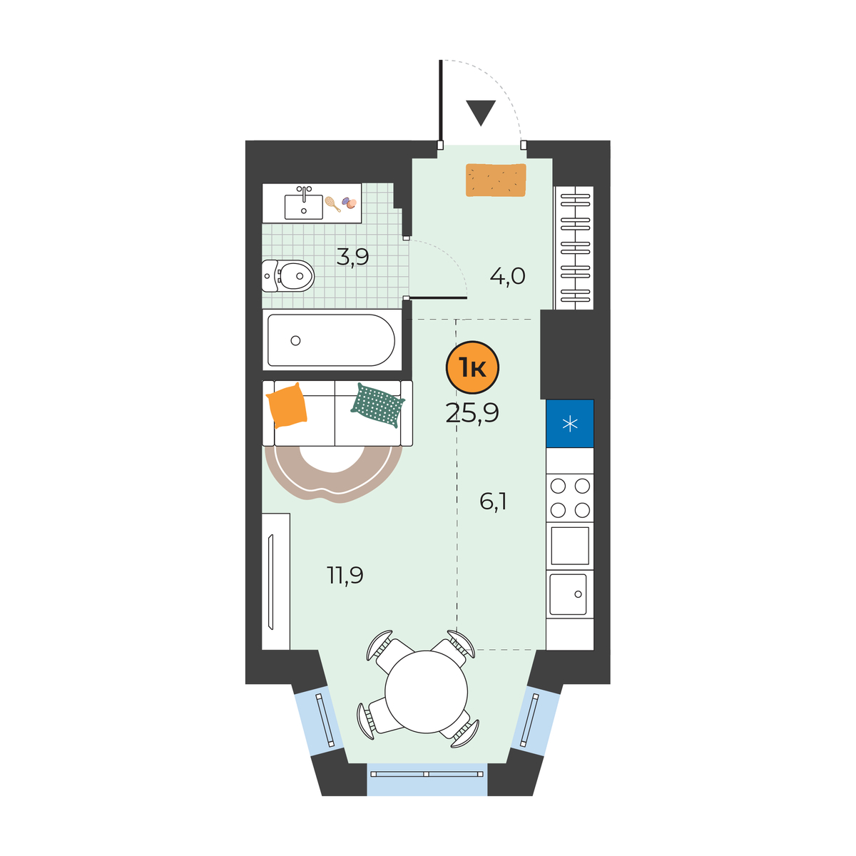 Планировка: Студия 25.9 м² в ЖК Корней, Южный