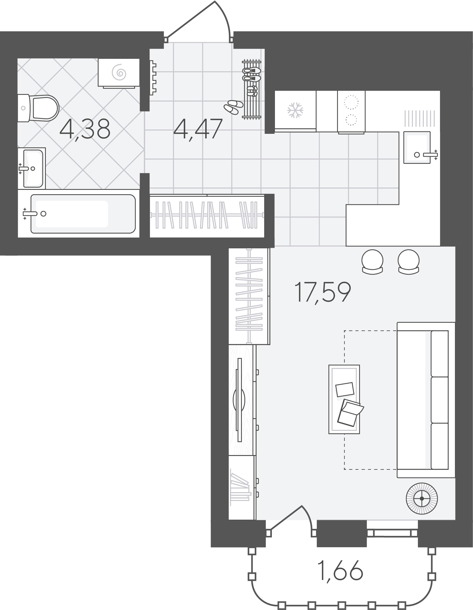 Планировка: Студия 28.1 м² в ЖК Скандиа. Квартал в Слободе, Тюменская слобода