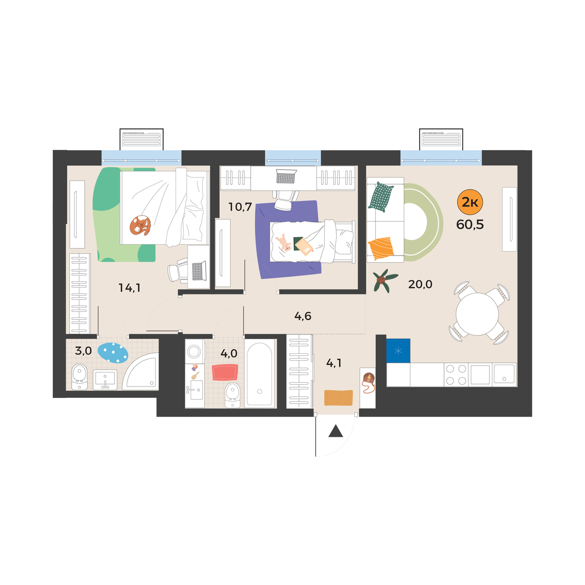 Планировка: Евротрешка 60.5 м² в ЖК Корней, Южный