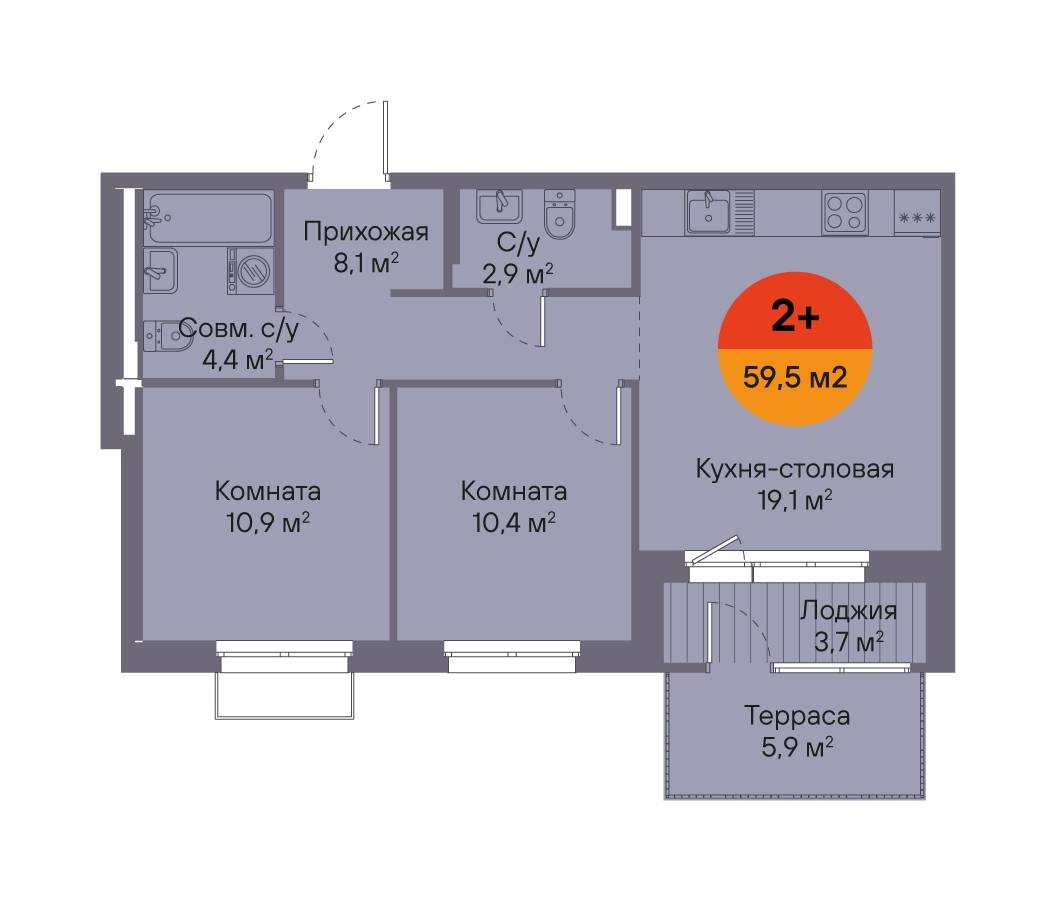 Планировка: Евротрешка 59.5 м² в ЖК Восход, Матмасы
