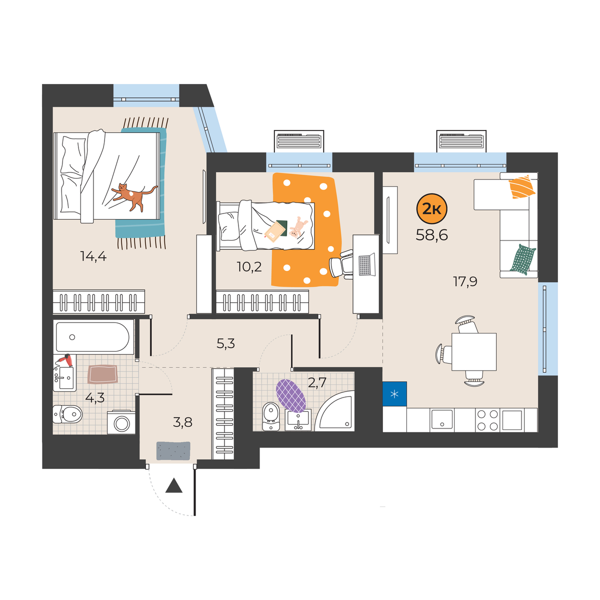 Планировка: Евротрешка 58.6 м² в ЖК Корней, Южный