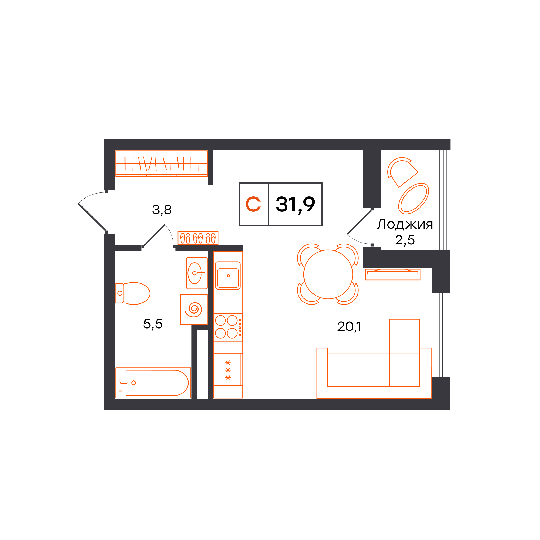 Планировка: Студия 31.9 м² в ЖК Чемпионский, Чемпионский