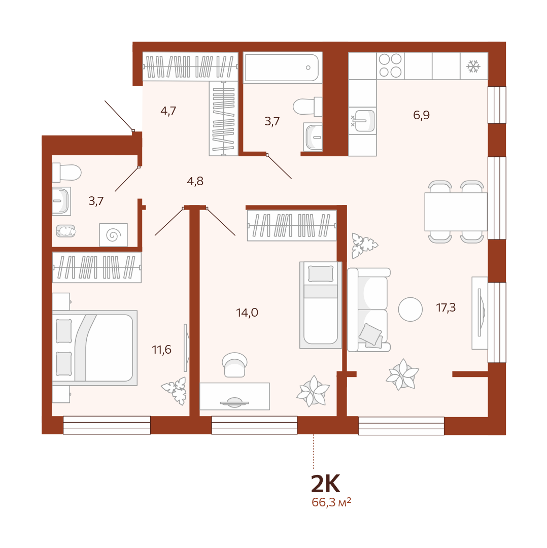 Планировка: Евротрешка 66.3 м² в ЖК Новатор, Центр: КПД