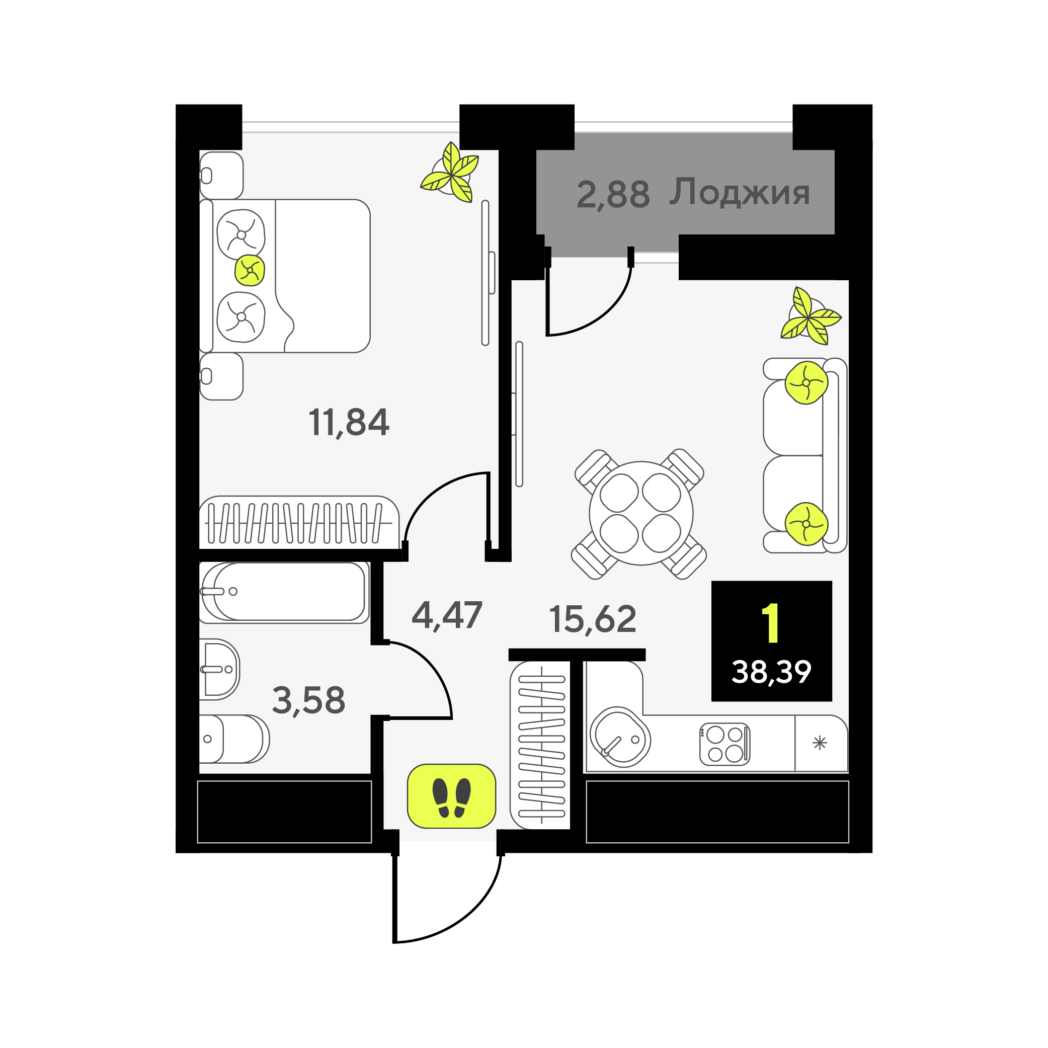 Планировка: Евродвушка 38.4 м² в ЖК Мотивы, От Плеханова до Южного