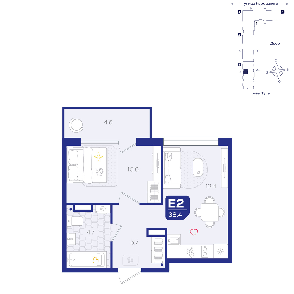 Планировка: Евродвушка 38.4 м² в ЖК Космо, 5-й Заречный