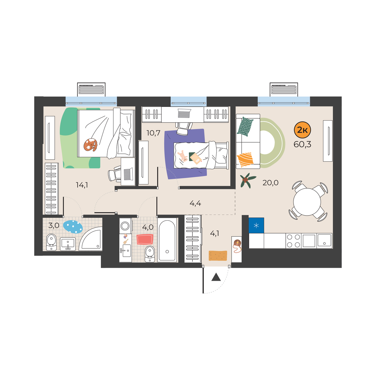 Планировка: Евротрешка 60.3 м² в ЖК Корней, Южный