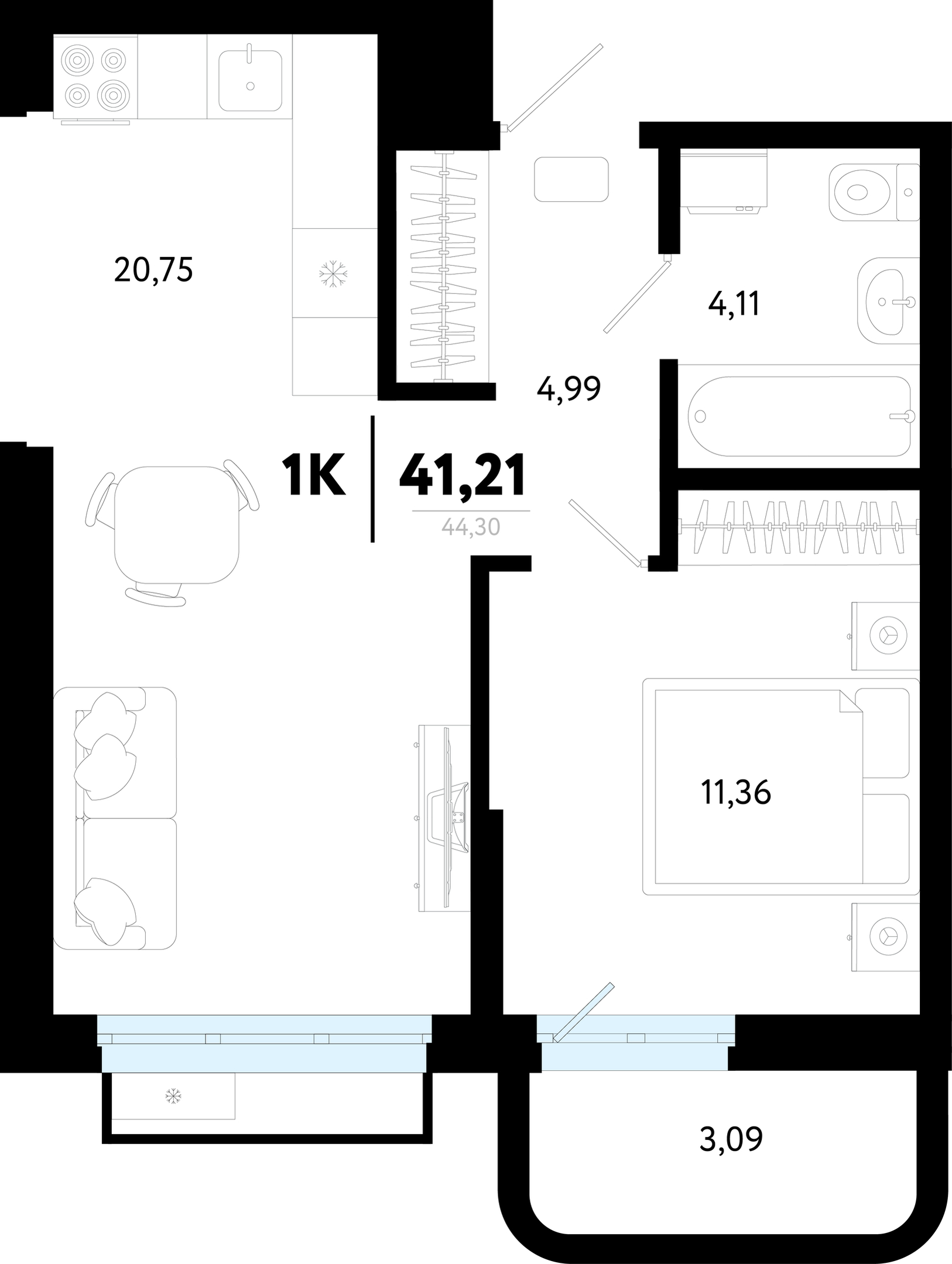 Планировка: Евродвушка 41.2 м² в ЖК Символ, Комарово Парк