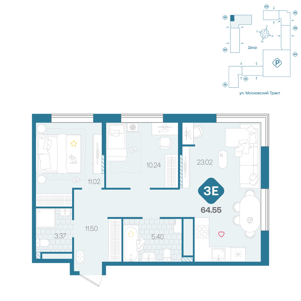 Планировка: Евротрешка 64.5 м² в ЖК Сибирский, Московский тракт