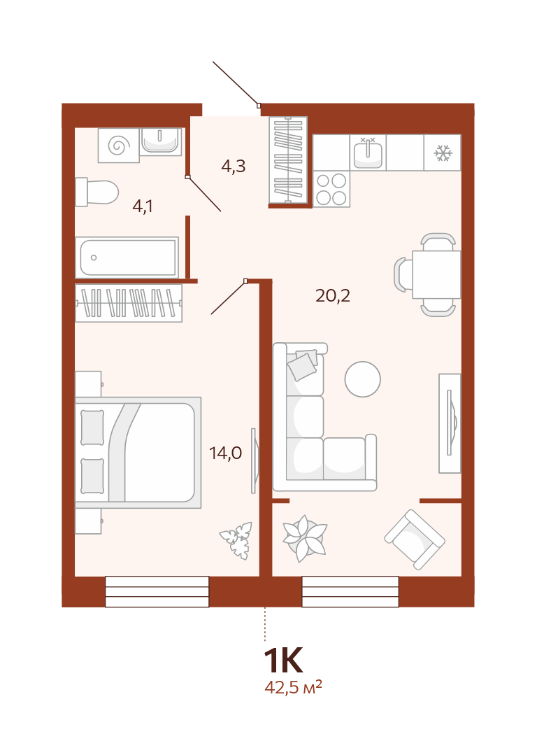 Планировка: Евродвушка 42.5 м² в ЖК Новатор, Центр: КПД
