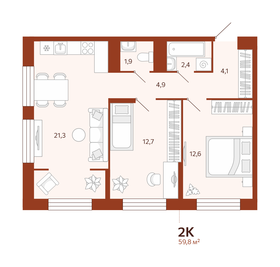 Планировка: Евротрешка 59.8 м² в ЖК Новатор, Центр: КПД