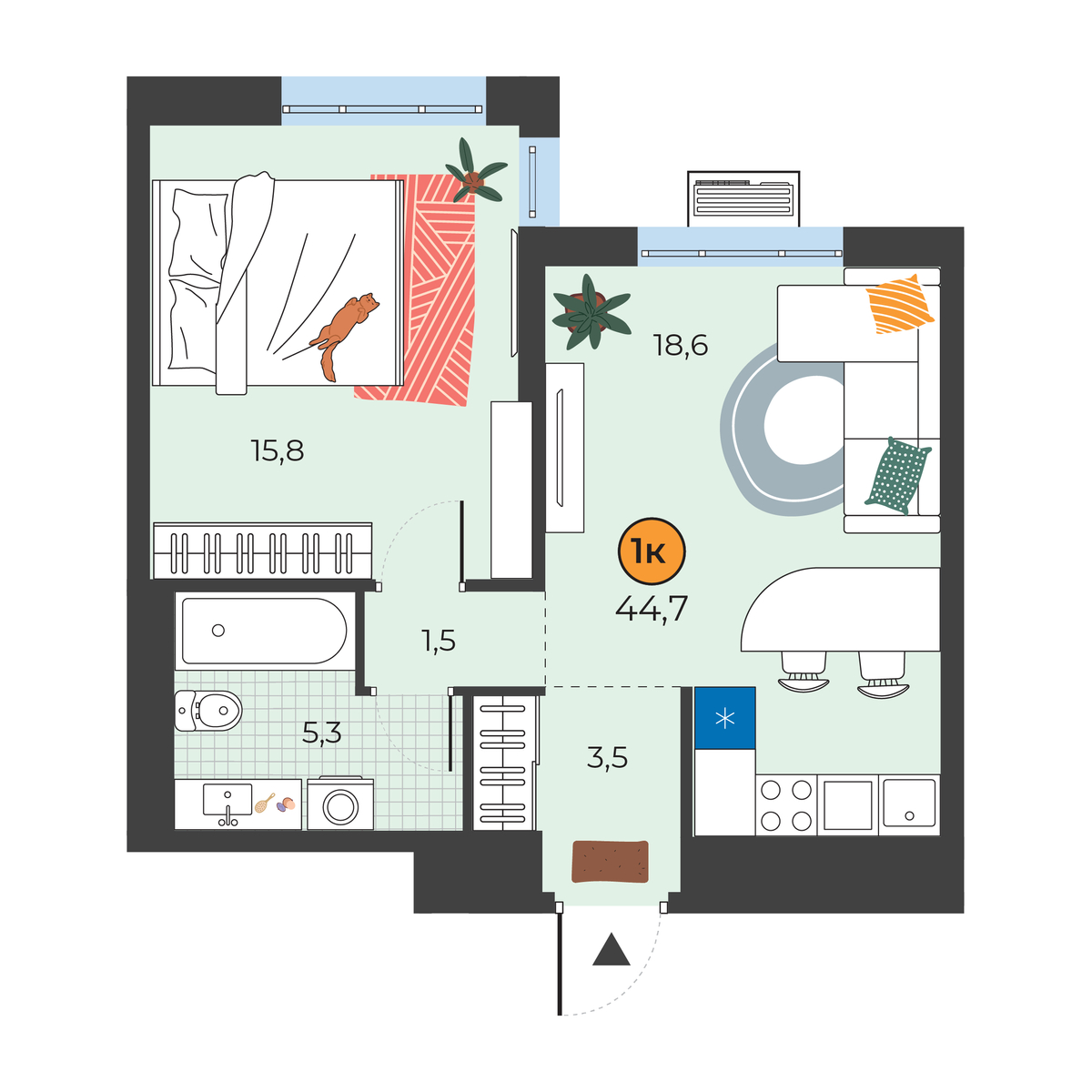 Планировка: Евродвушка 44.7 м² в ЖК Корней, Южный