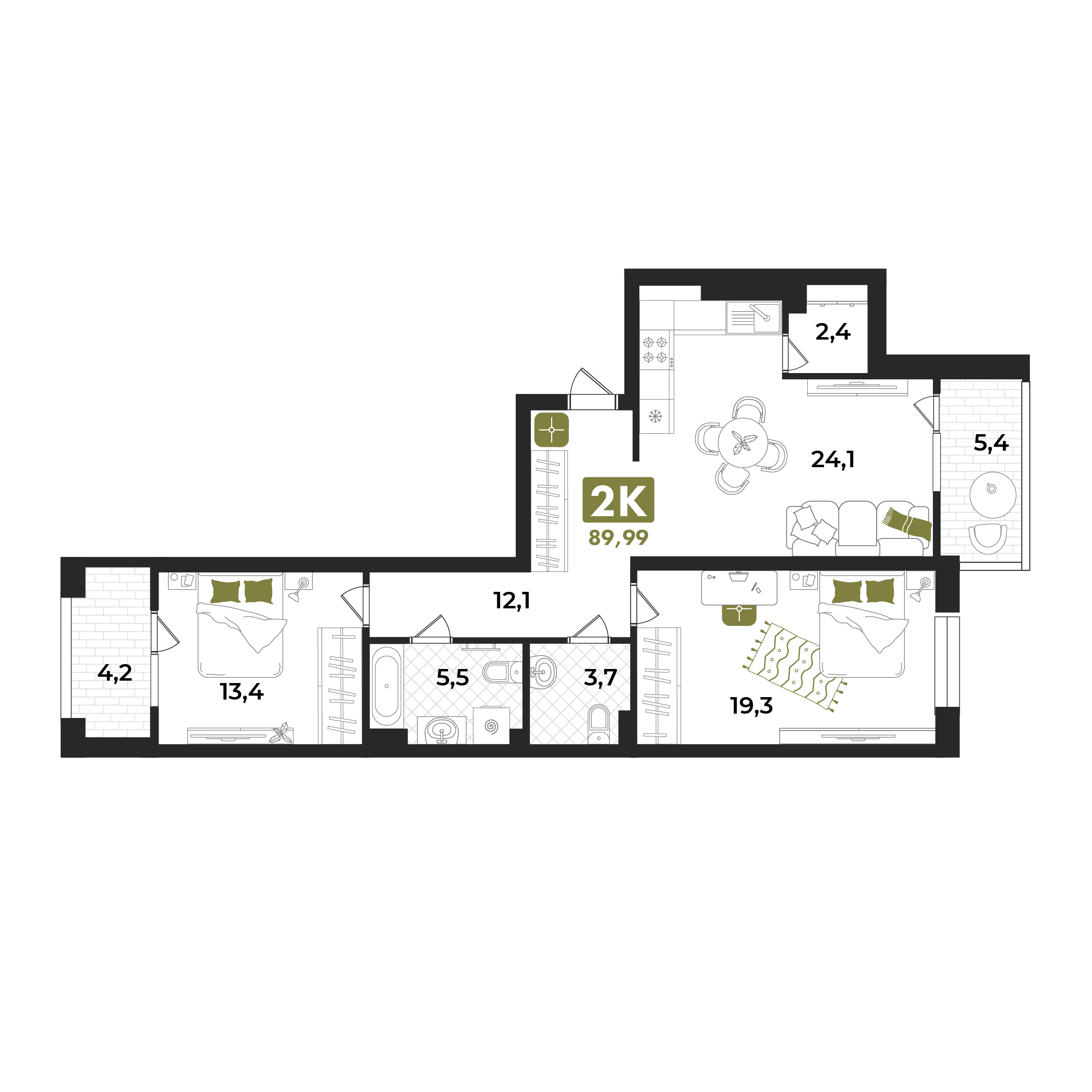 Планировка: Евротрешка 90.1 м² в ЖК Авторский проект "Опера", 5-й Заречный
