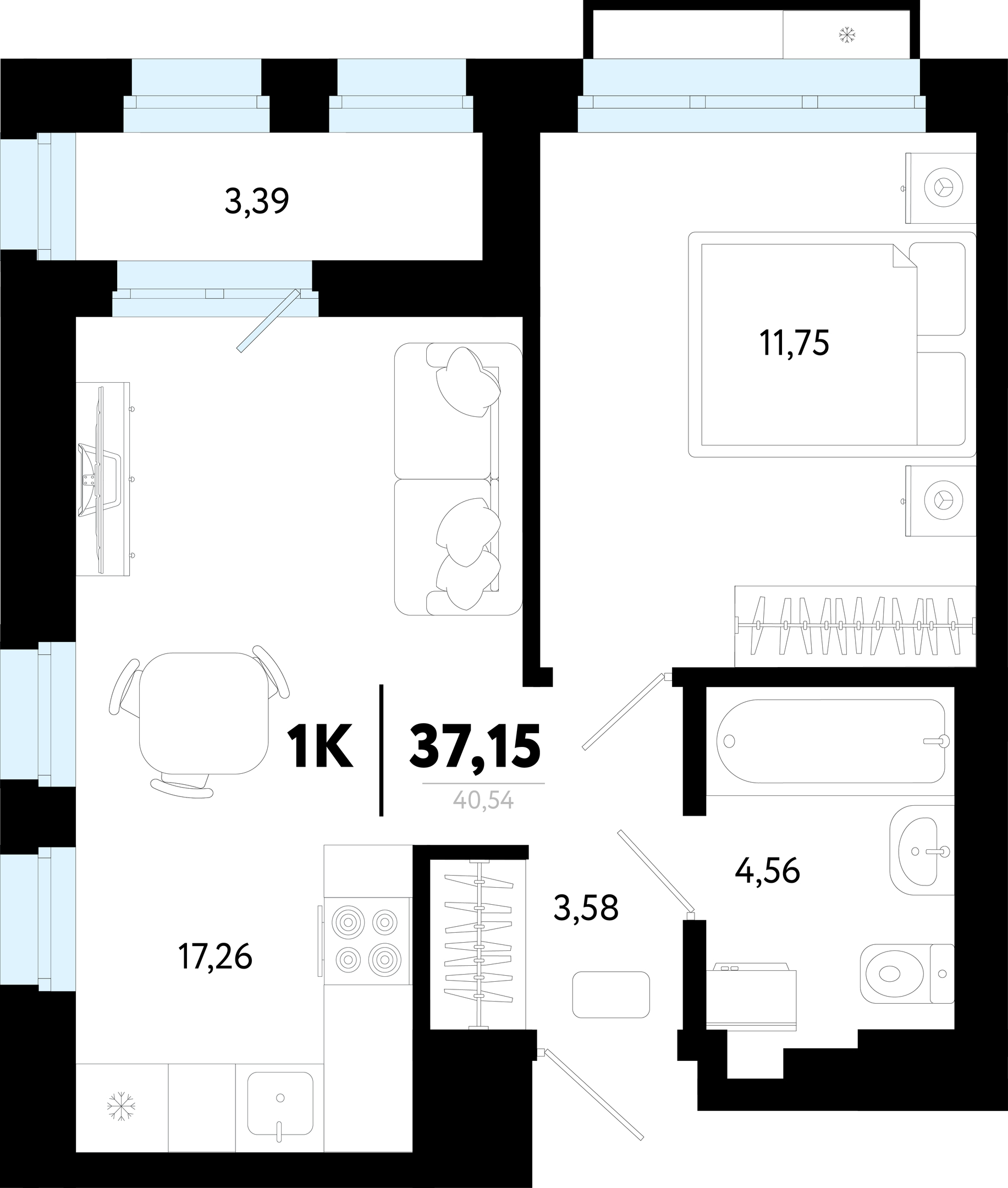 Планировка: Евродвушка 37.1 м² в ЖК Символ, Комарово Парк