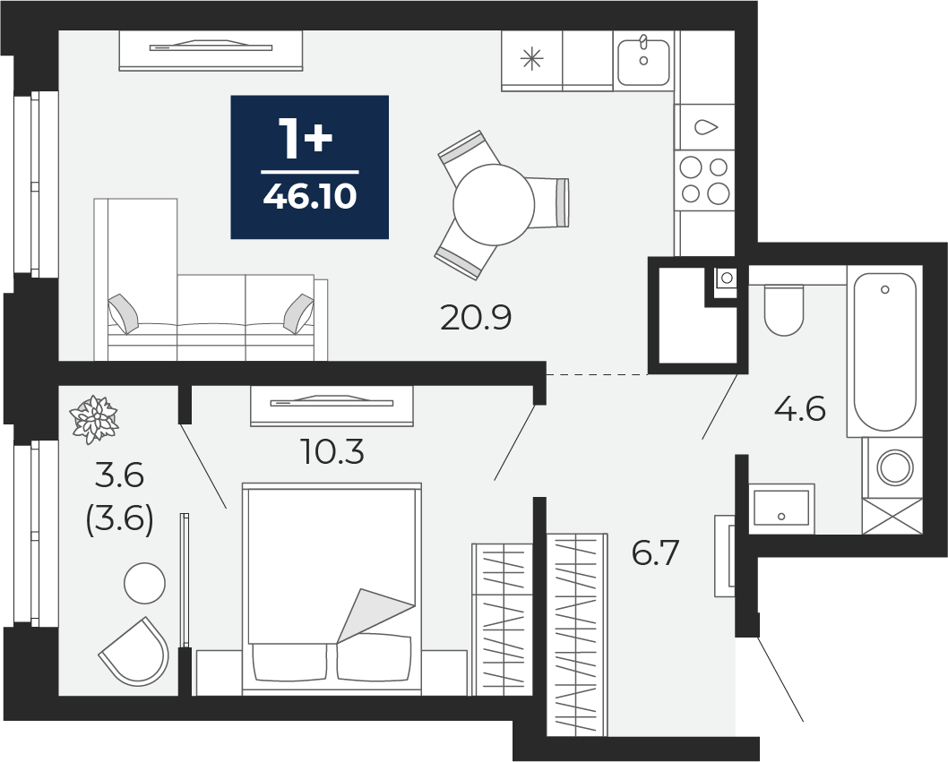 Планировка: Евродвушка 46.1 м² в ЖК Мириады, Мыс