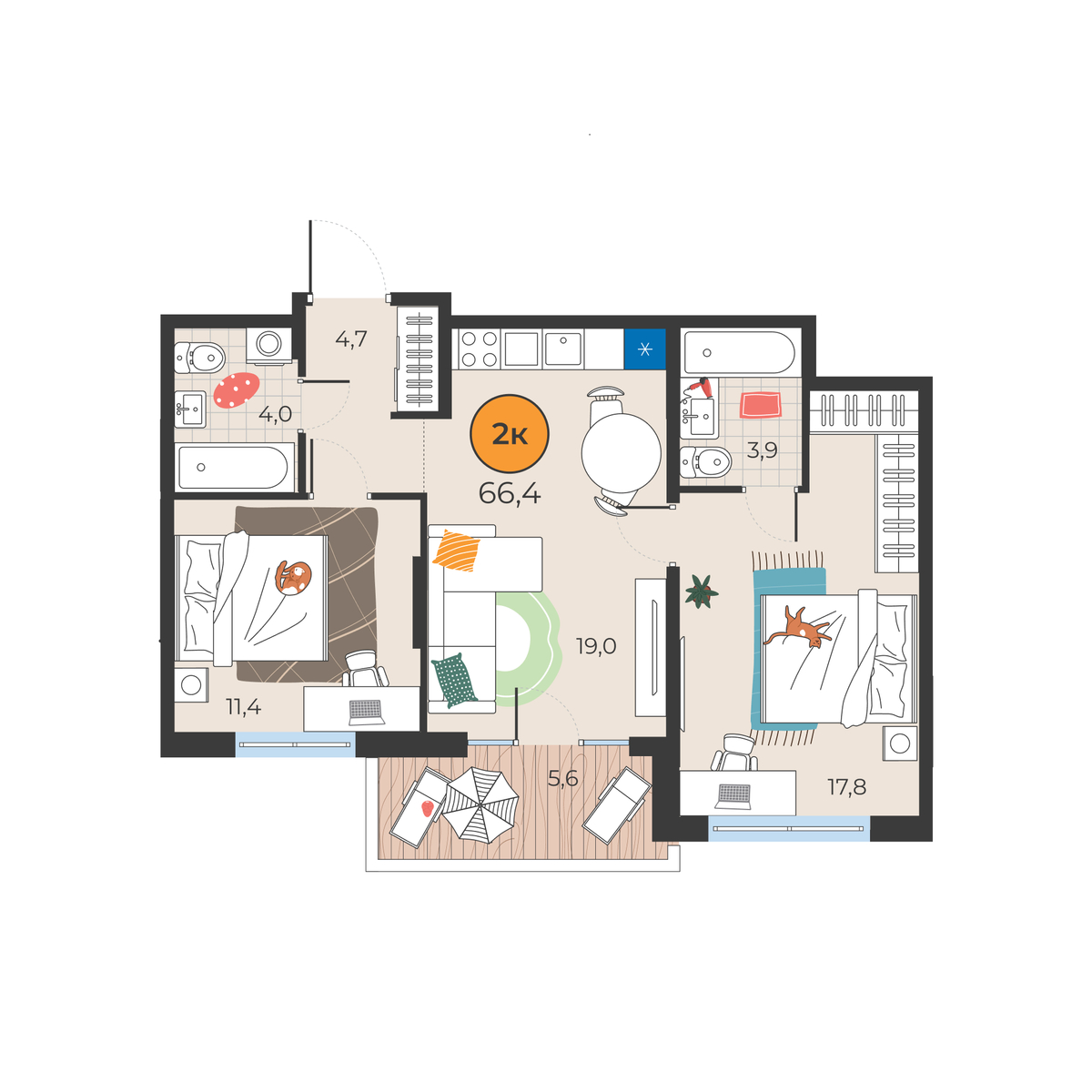 Планировка: Евротрешка 60.8 м² в ЖК Корней, Южный