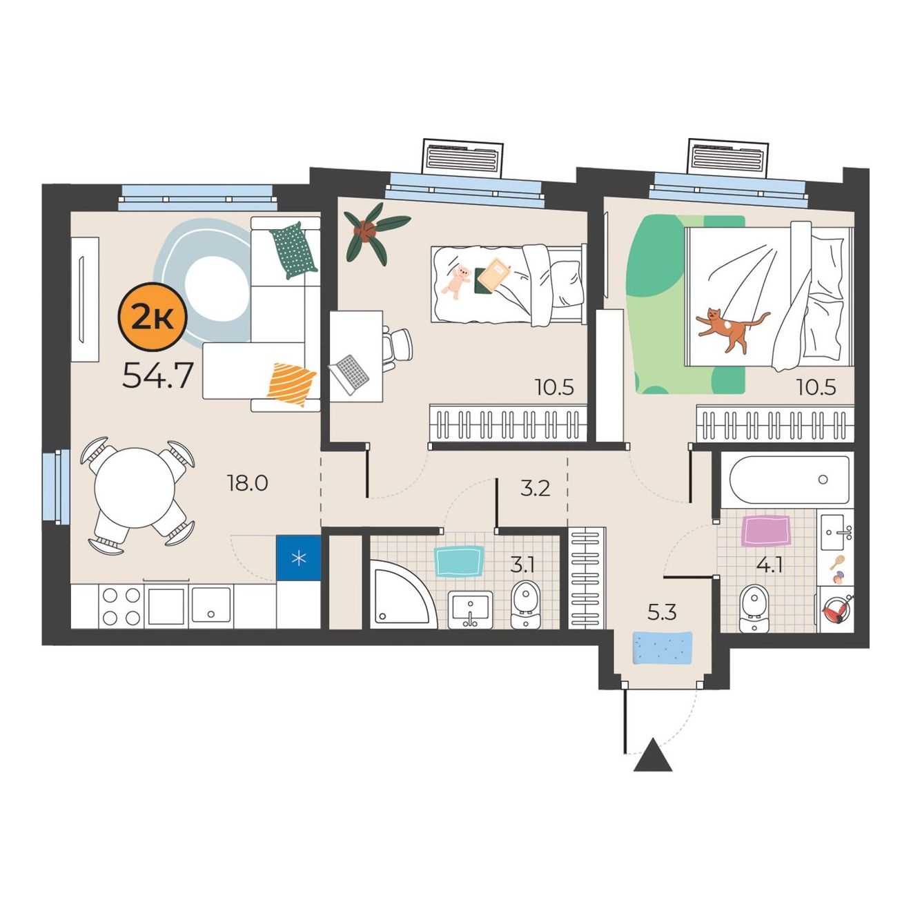 Планировка: Евротрешка 54.7 м² в ЖК Корней, Южный