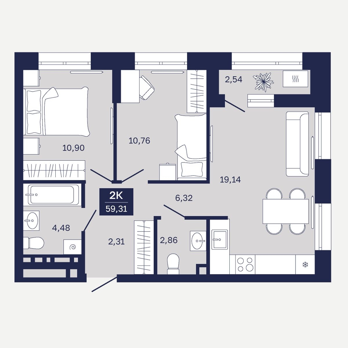 Планировка: Евротрешка 59.3 м² в ЖК Дом на Ямской, Дом Обороны