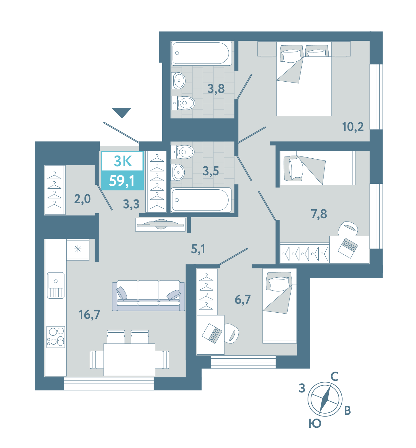 Планировка: 4-комнатная евро 59.1 м² в ЖК AIRIS, Комарово Парк