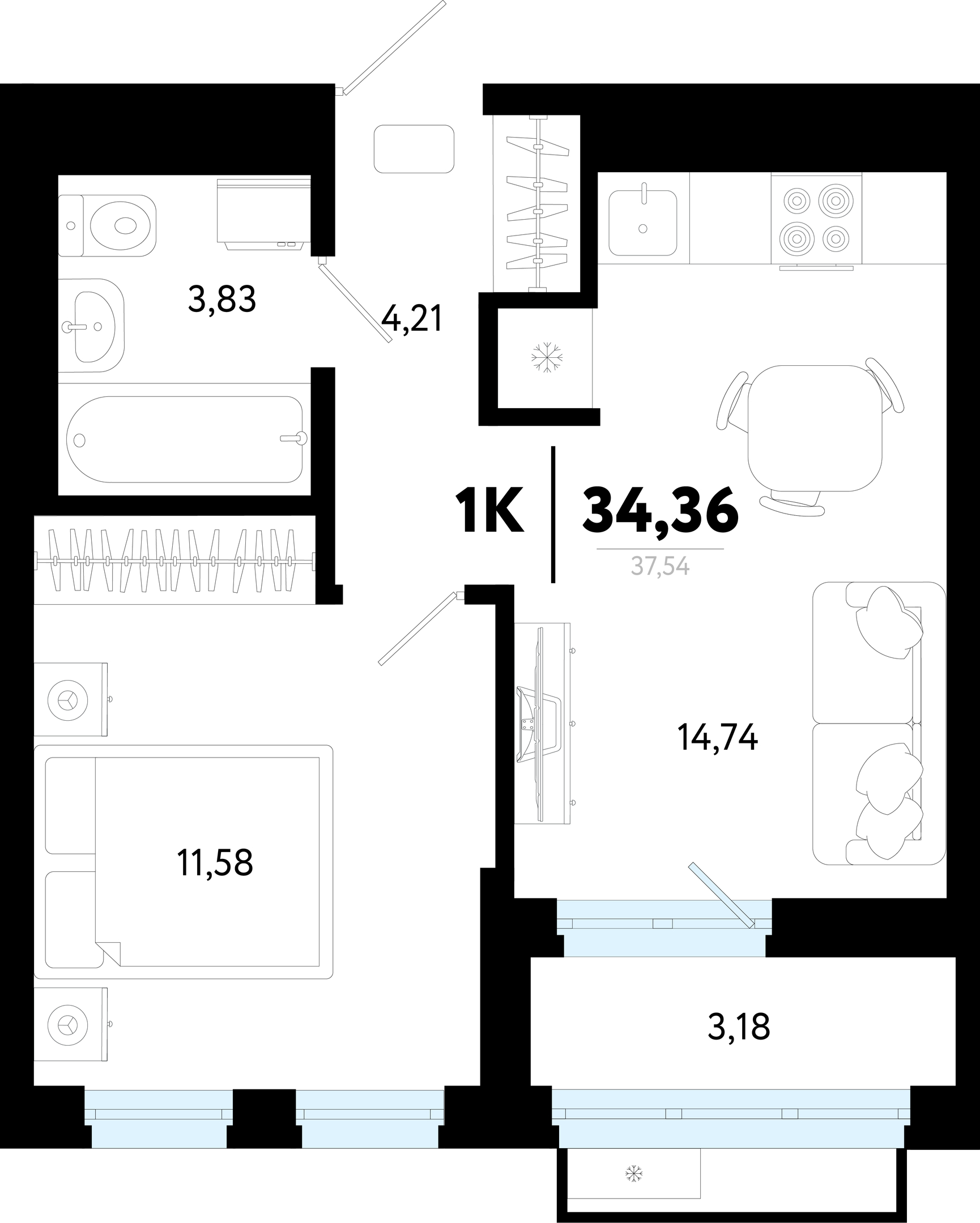 Планировка: Евродвушка 34.4 м² в ЖК Символ, Комарово Парк