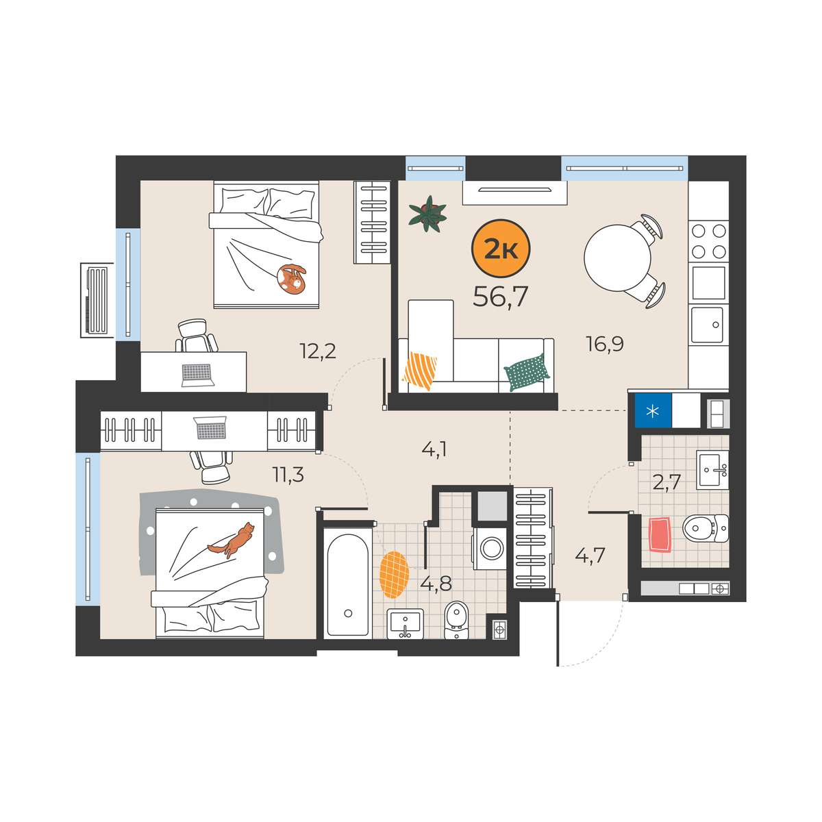 Планировка: Евротрешка 56.7 м² в ЖК Корней, Южный