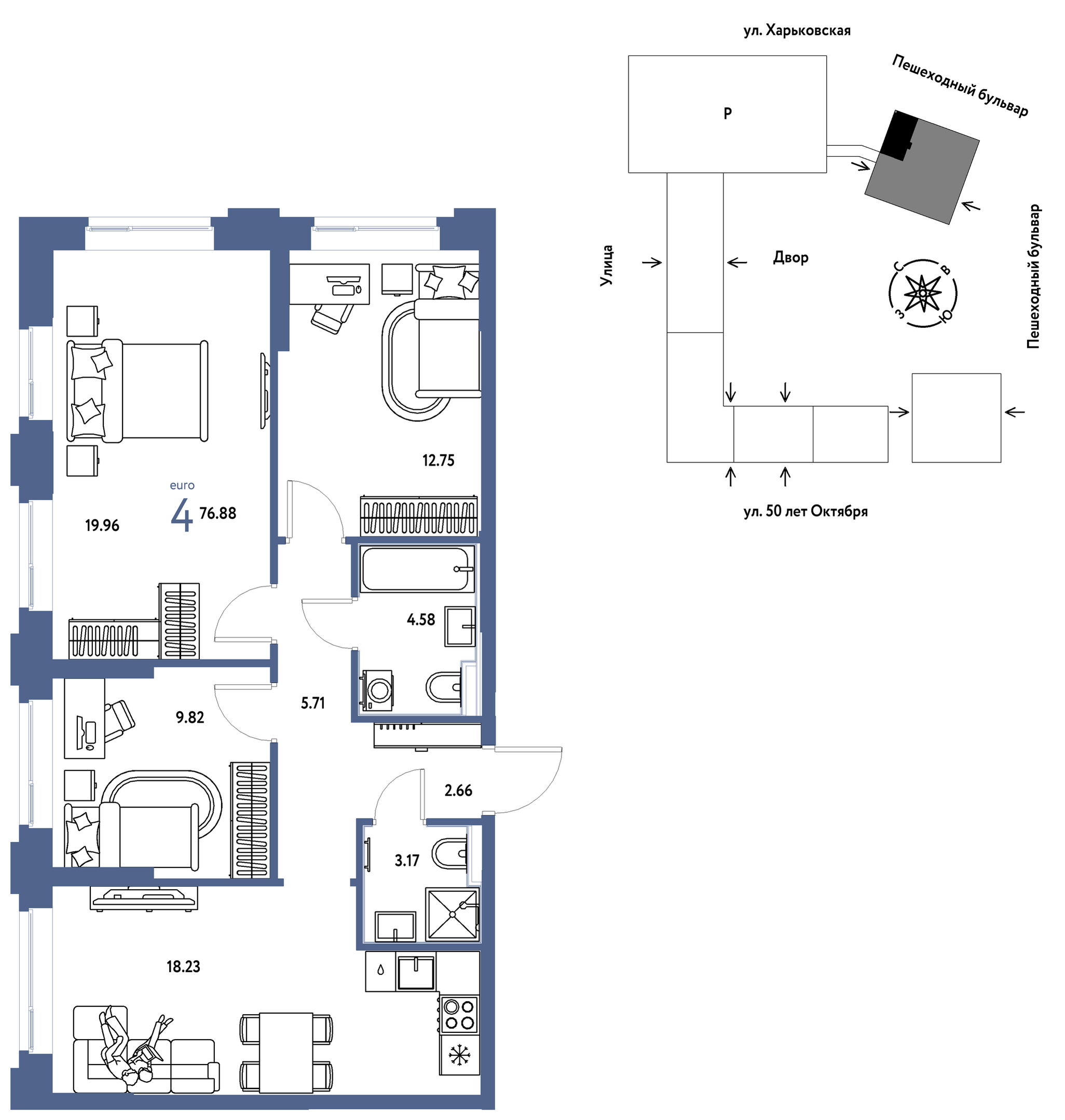 Планировка: 4-комнатная евро 76.9 м² в ЖК Сердце Сибири, Центр: КПД