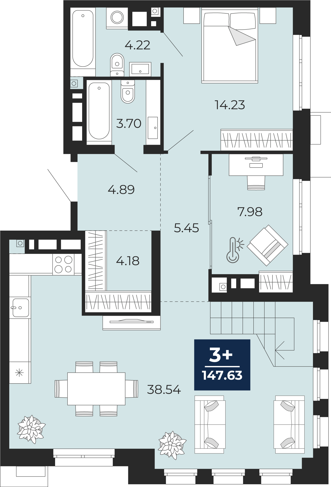 Планировка: 4-комнатная евро 147.6 м² в ЖК Айвазовский, 5-й Заречный