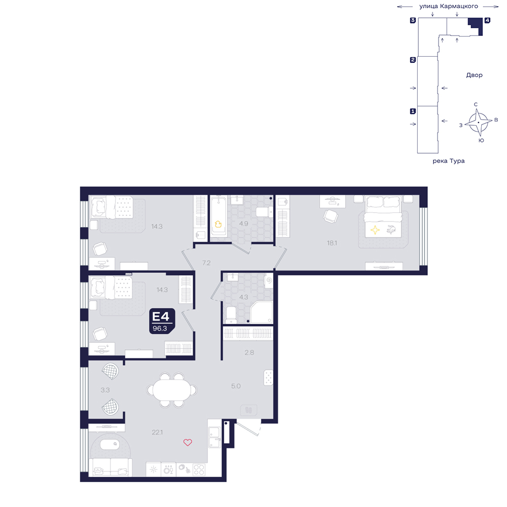 Планировка: 4-комнатная евро 96.3 м² в ЖК Космо, 5-й Заречный