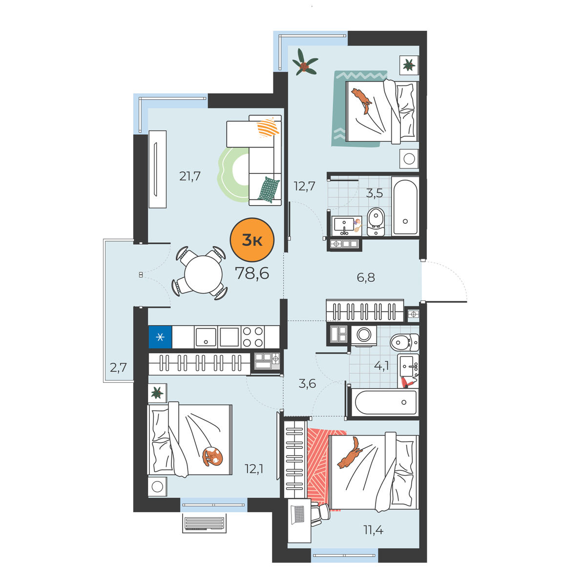 Планировка: 4-комнатная евро 75.9 м² в ЖК Корней, Южный
