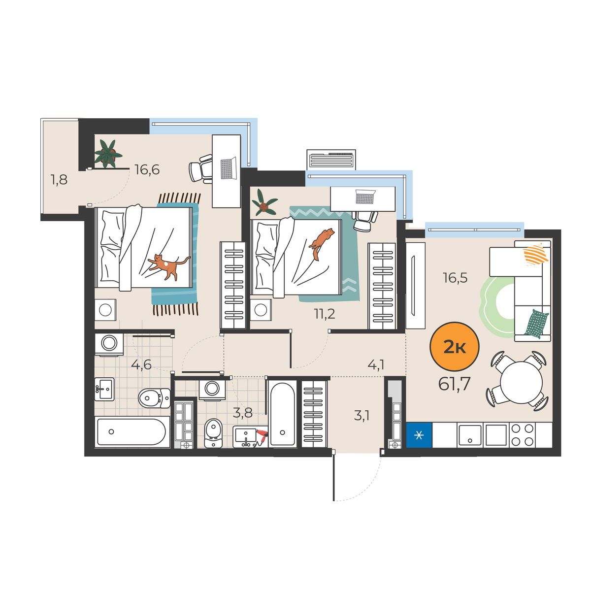 Планировка: Евротрешка 59.9 м² в ЖК Корней, Южный