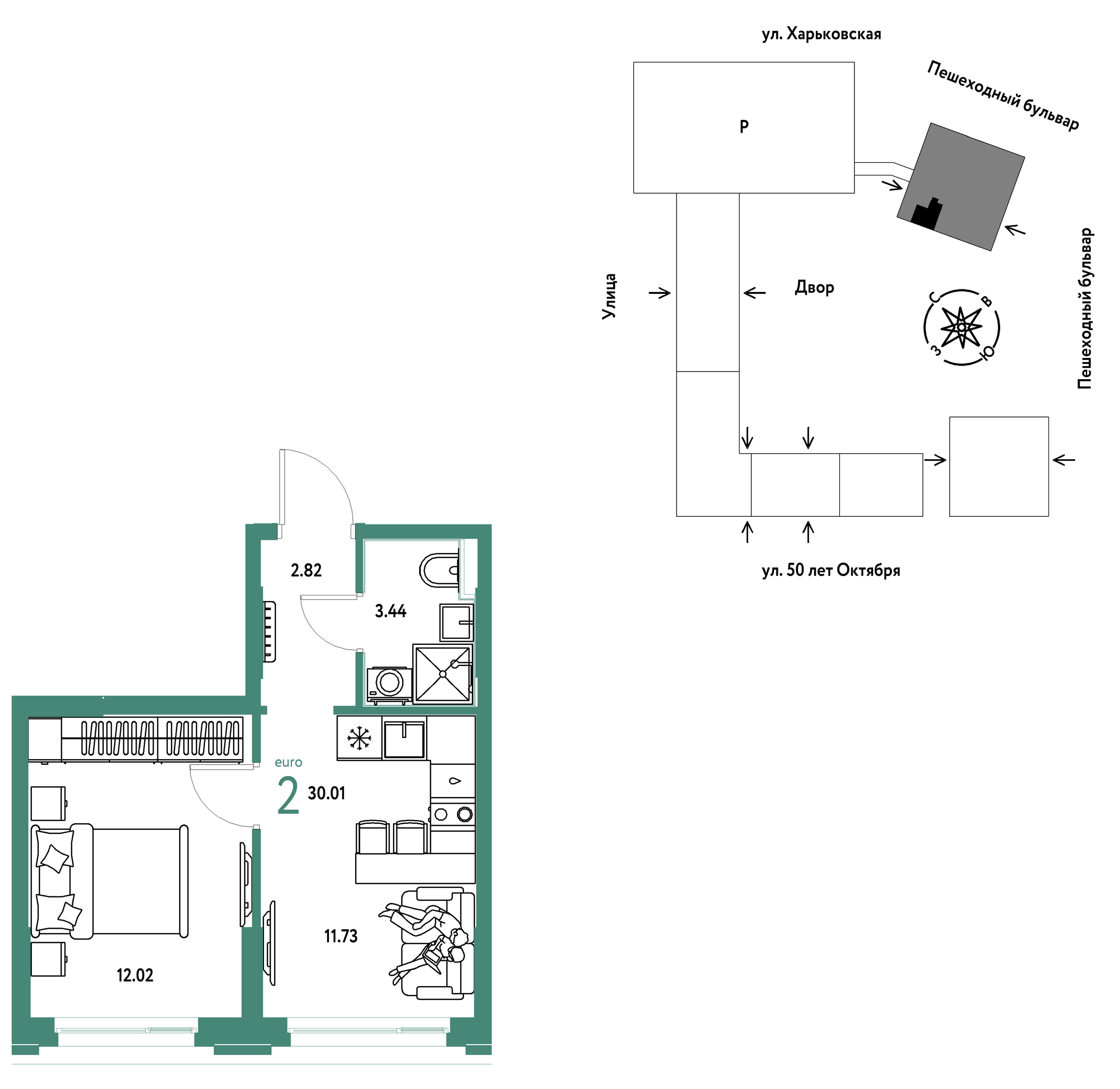 Планировка: 1-комнатная 30 м² в ЖК Сердце Сибири, Центр: КПД