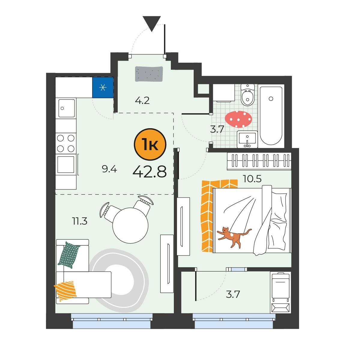 Планировка: Евродвушка 42.8 м² в ЖК Корней, Южный