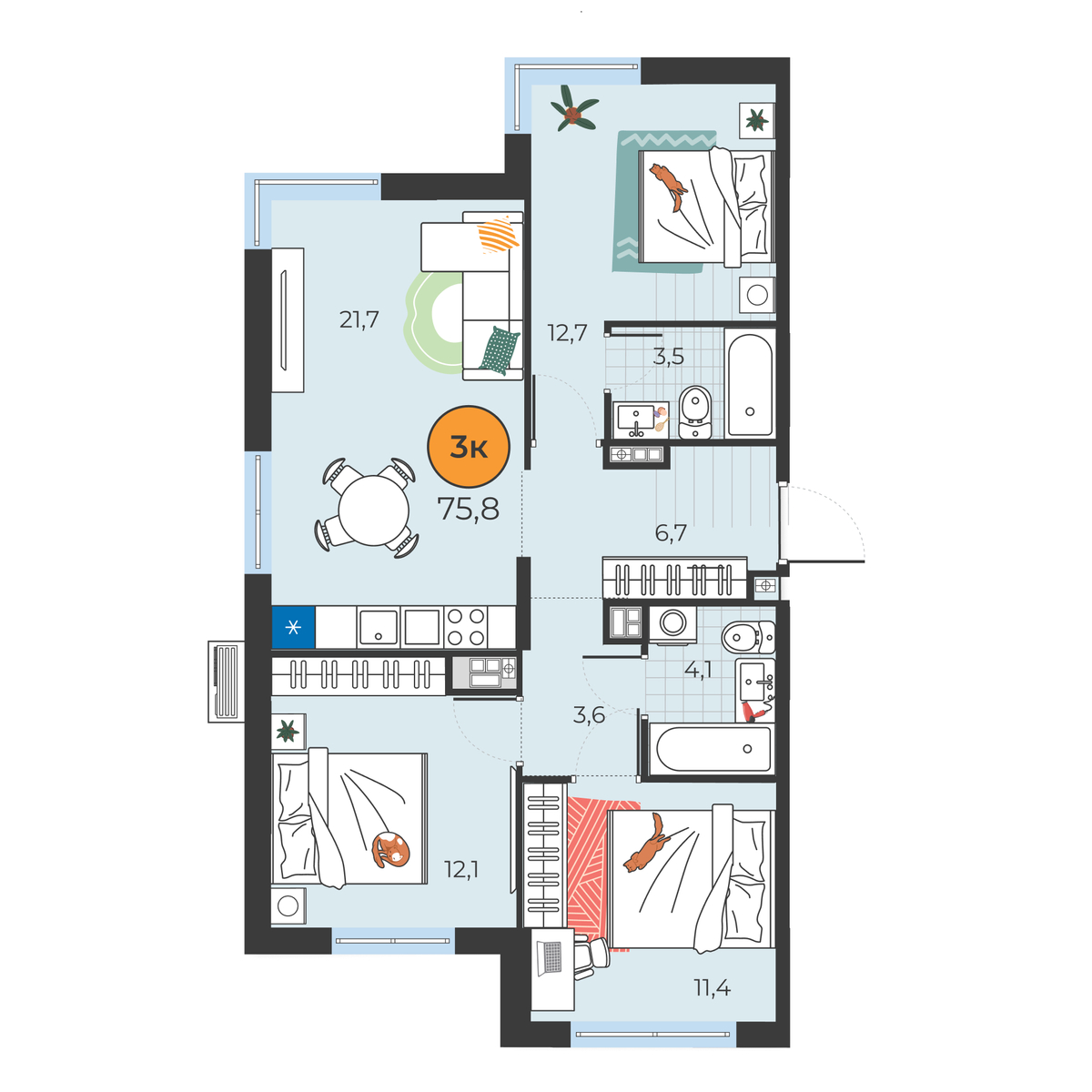 Планировка: 4-комнатная евро 75.8 м² в ЖК Корней, Южный