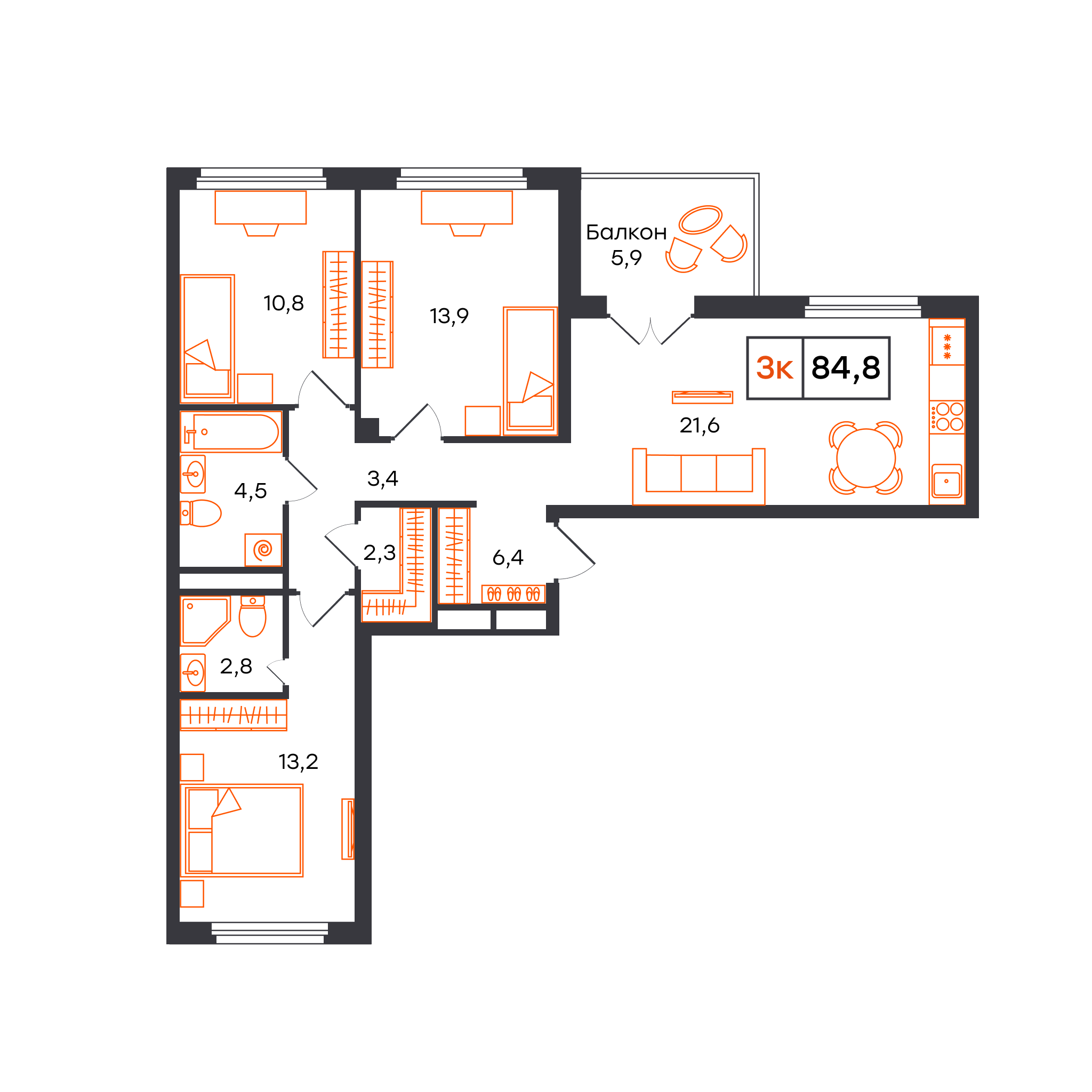 Планировка: 4-комнатная евро 84.8 м² в ЖК Отличие, Комарово Парк