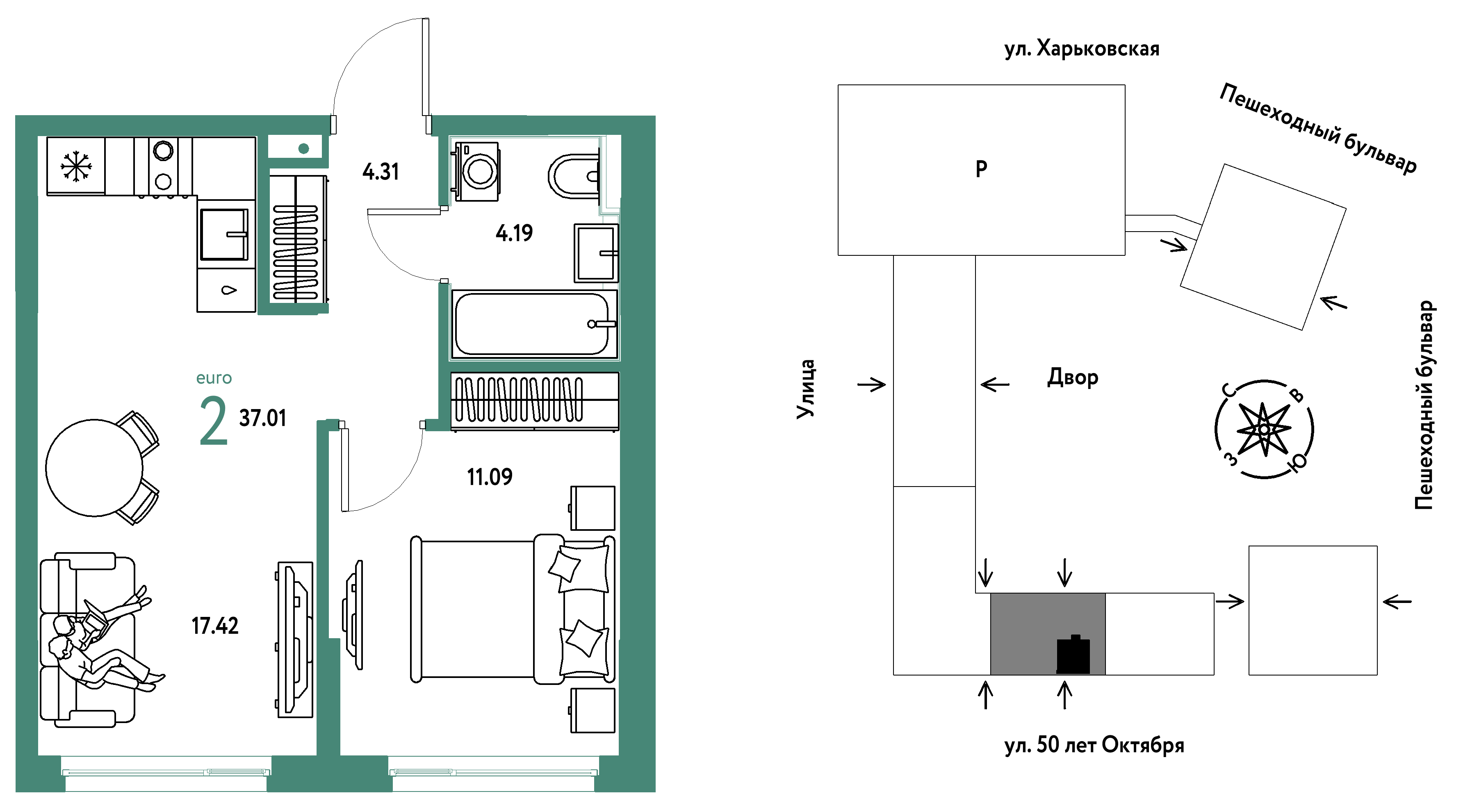 Планировка: Евродвушка 37 м² в ЖК Сердце Сибири, Центр: КПД